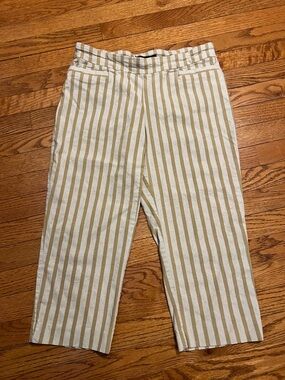 Zac & Rachel Women's Size 12 Tan Striped Linen Blend Pull On Capri Pants